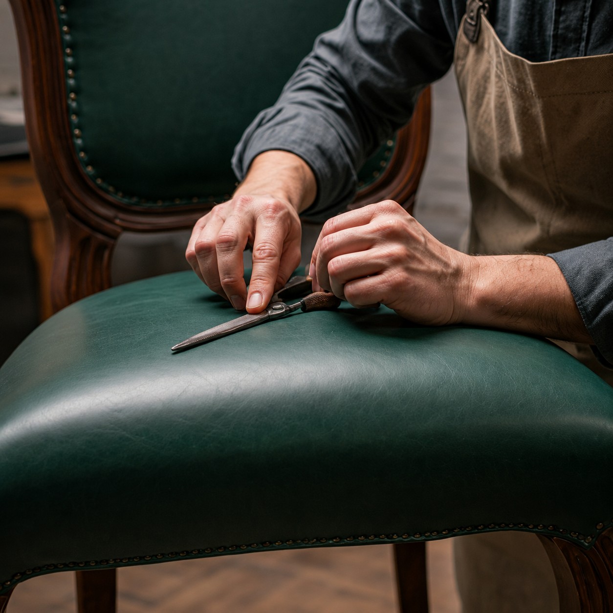 Craftsman upholstering a chair