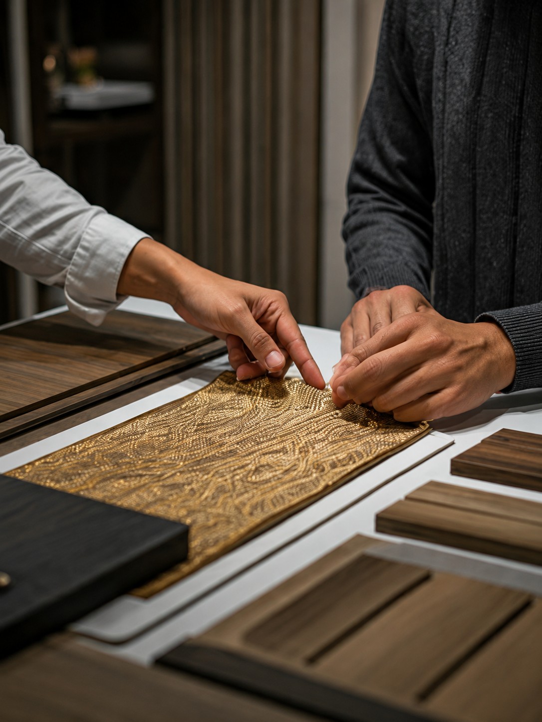 Selecting fabric and wood finish samples