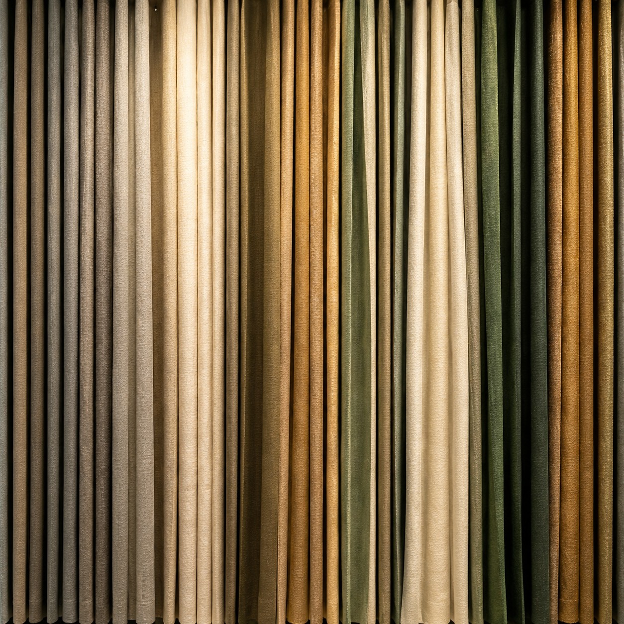 Folded curtain fabrics in green and gold tones