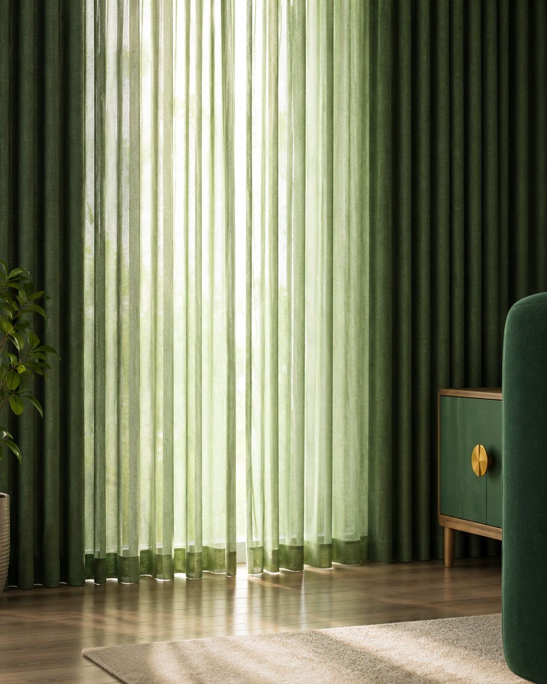 Sheer green curtains in a sunlit room