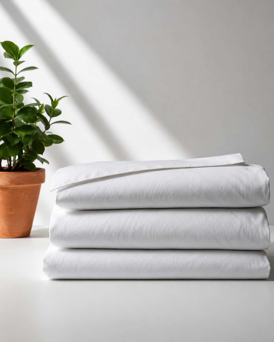 Folded white linen sets with a potted plant